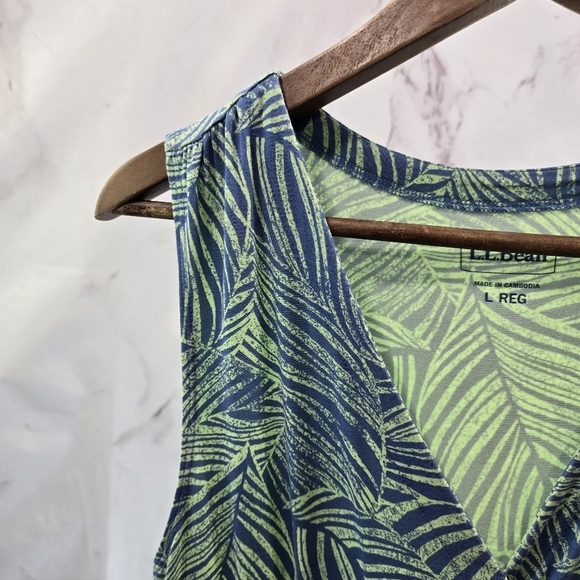 LL Bean Dress Womens Large Blue Green Maxi Sleeveless Tank Long Tropical Leaf V - Picture 2 of 10